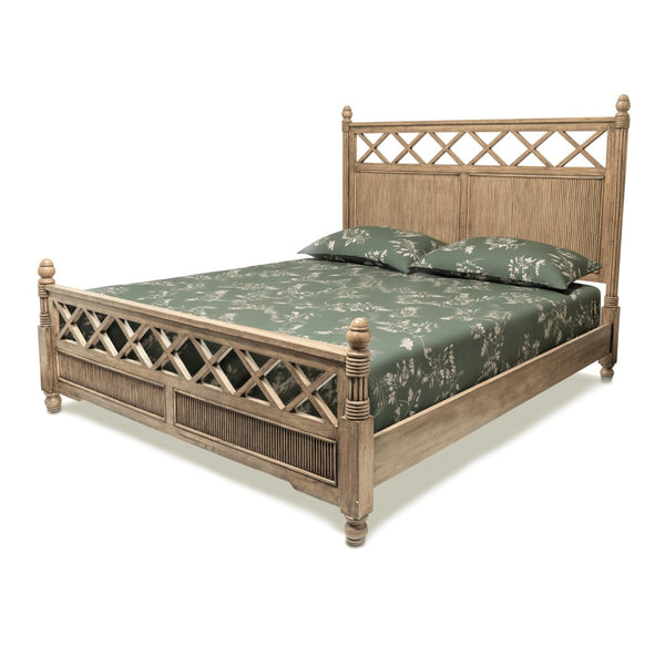 HomeRoots Natural Solid Wood King Bed Frame with Hand-Carved Geometric Design for Coastal and Modern Interiors 571392