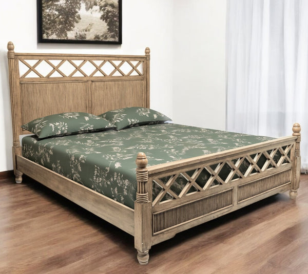 Homeroots Natural Carved Geometric Solid Wood King Bed Frame - Elegant Design For Ultimate Comfort & Durability  Wood 571392