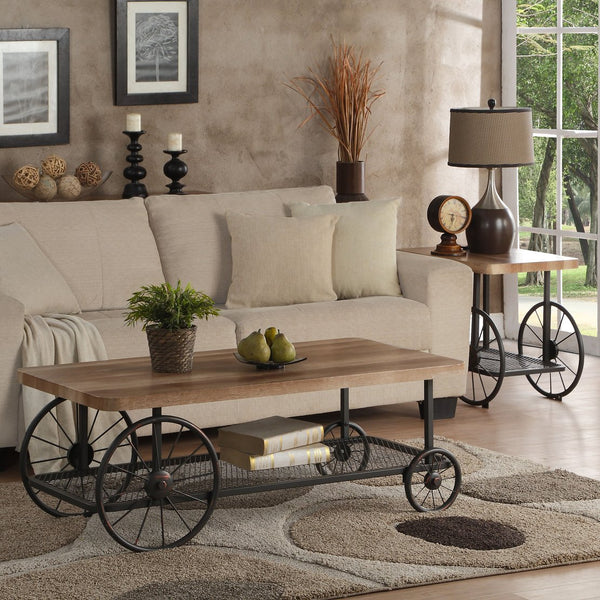 English Elm Oak Antique Grey End Table With Shelf & Casters - Charming Vintage Design For Versatile Living Spaces B062P209082