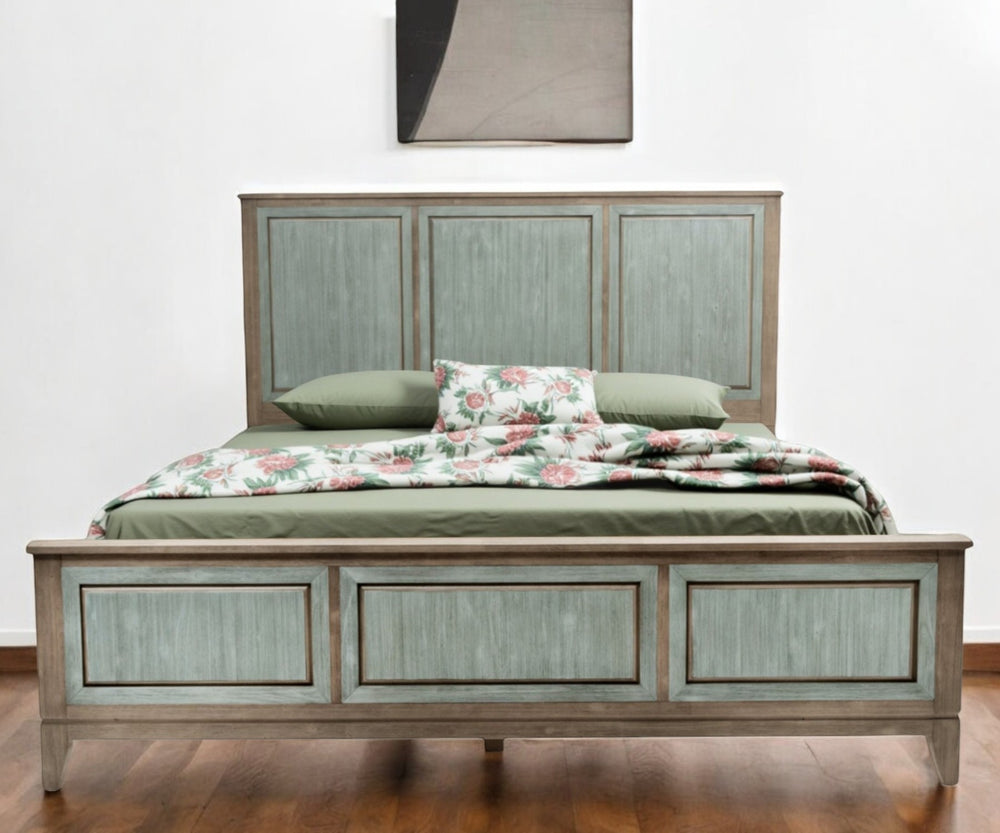 Homeroots Green Shiplap Texture Distressed Solid Wood King Bed Frame - Durable Design For Restful Sleep  Wood 571396