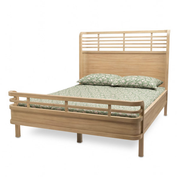 HomeRoots Brown Solid Wood Queen Bed Frame with Artisan Carved Geometric Design for Coastal & Modern Décor 571397