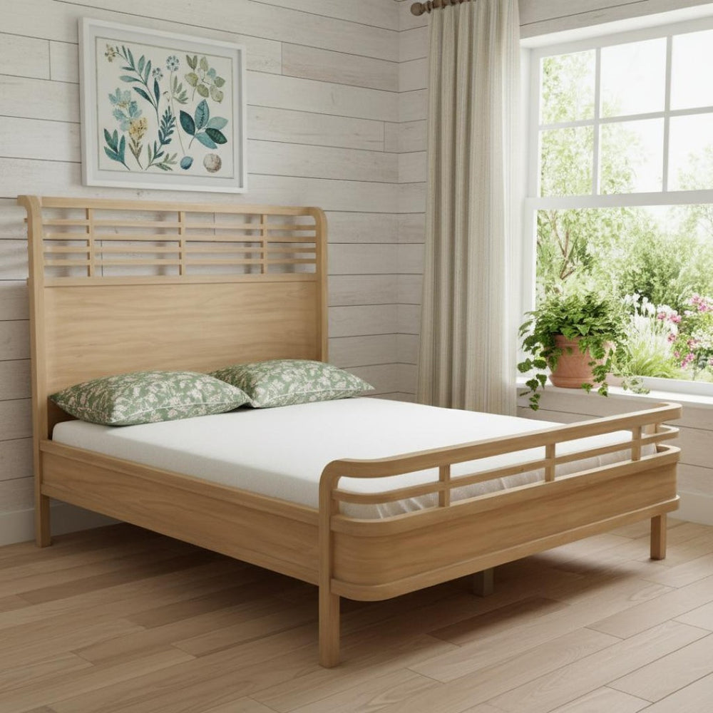 HomeRoots Brown Solid Wood Queen Bed Frame with Artisan Carved Geometric Design for Coastal & Modern Décor 571397