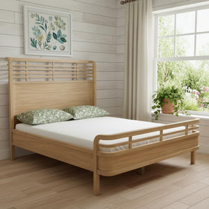 HomeRoots Brown Solid Wood Queen Bed Frame with Artisan Carved Geometric Design for Coastal & Modern Décor 571397