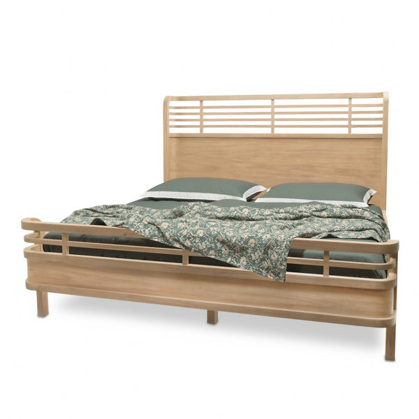 HomeRoots Brown Carved Geometric Solid Wood King Bed Frame - Artisan Design for Stylish, Durable Bedrooms 571398