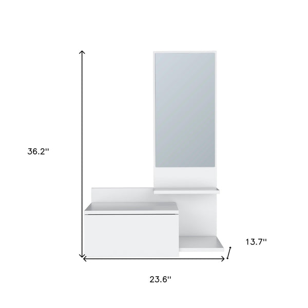 HomeRoots 36" White Wall-Mounted Accent Cabinet with Mirror, Drawer & Open Shelves for Stylish Storage Solutions 571402