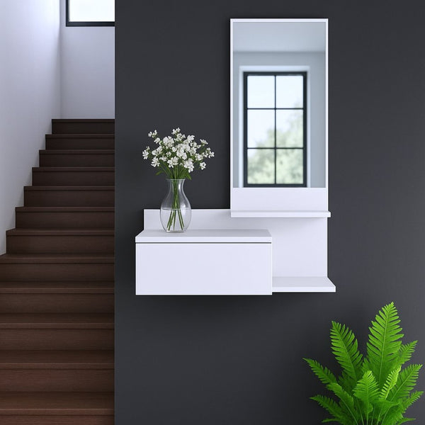 HomeRoots 36" White Wall-Mounted Accent Cabinet with Mirror, Drawer & Open Shelves for Stylish Storage Solutions 571402