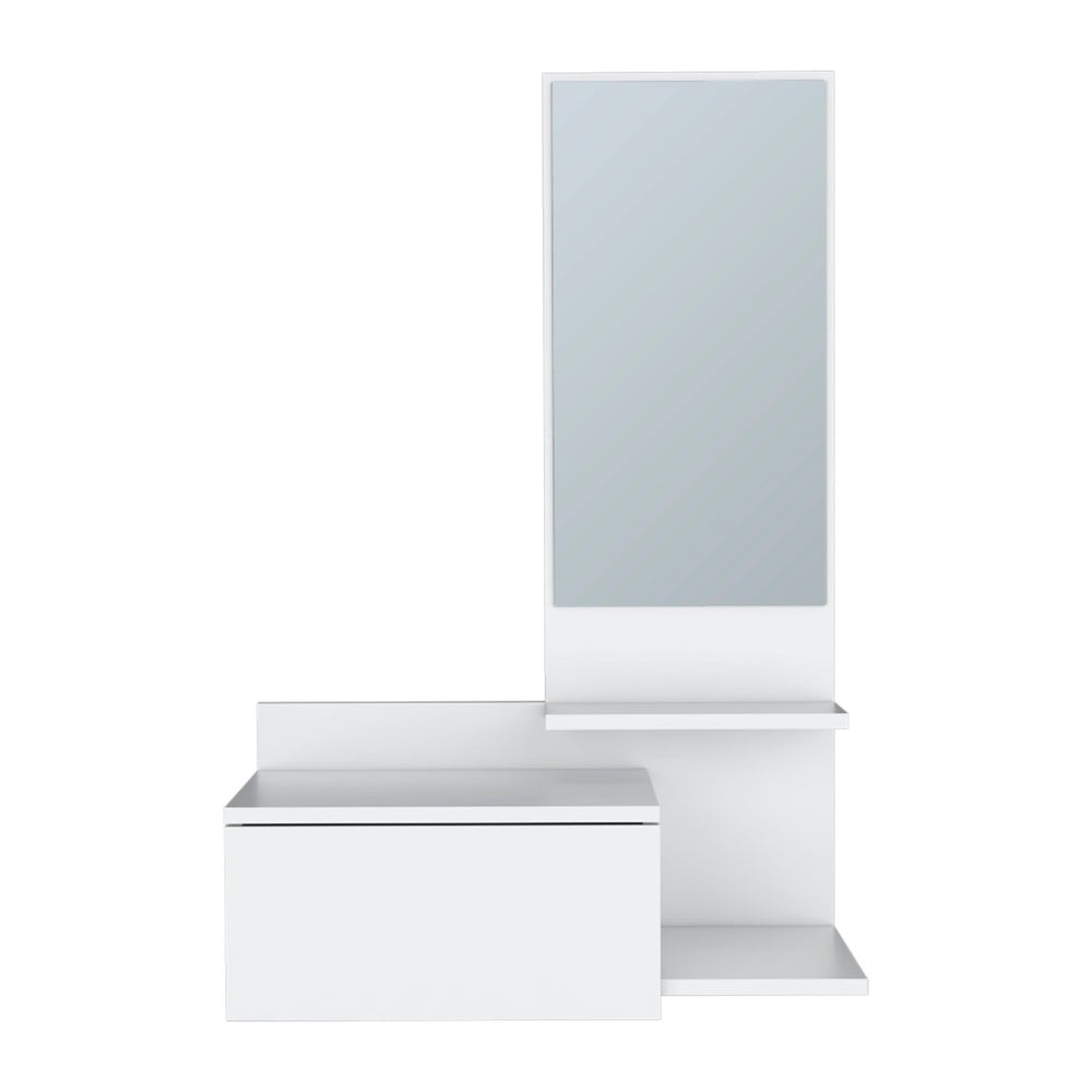 HomeRoots 36" White Wall-Mounted Accent Cabinet with Mirror, Drawer & Open Shelves for Stylish Storage Solutions 571402