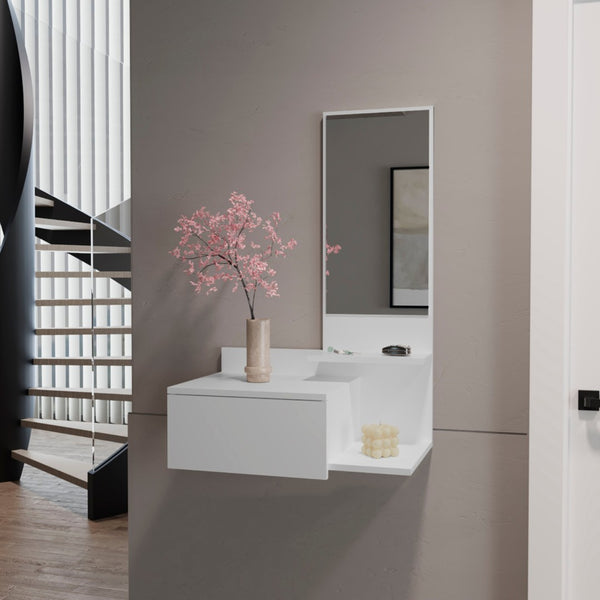 HomeRoots 36" White Wall-Mounted Accent Cabinet with Mirror, Drawer & Open Shelves for Stylish Storage Solutions 571402