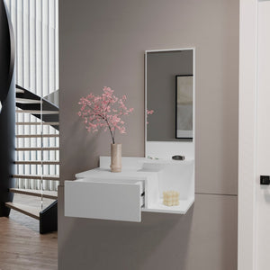 HomeRoots 36" White Wall-Mounted Accent Cabinet with Mirror, Drawer & Open Shelves for Stylish Storage Solutions 571402