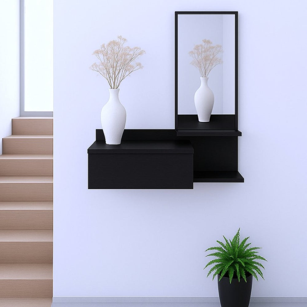 HomeRoots 36" Stylish Black Wall-Mounted Accent Cabinet with Drawer & Mirror for Space-Saving Storage Solutions 571403