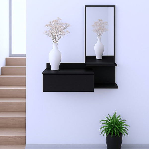 HomeRoots 36" Stylish Black Wall-Mounted Accent Cabinet with Drawer & Mirror for Space-Saving Storage Solutions 571403