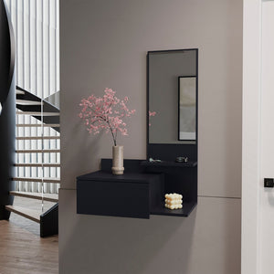 HomeRoots 36" Stylish Black Wall-Mounted Accent Cabinet with Drawer & Mirror for Space-Saving Storage Solutions 571403