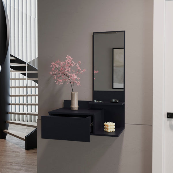 HomeRoots 36" Stylish Black Wall-Mounted Accent Cabinet with Drawer & Mirror for Space-Saving Storage Solutions 571403