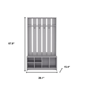 HomeRoots 68" Gray Wood Coat and Shoe Rack – Stylish Entryway Organizer with Four Hooks and Open Storage Cubbies 571409