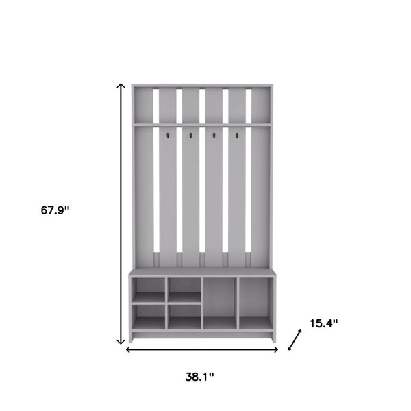 HomeRoots 68" Gray Wood Coat and Shoe Rack – Stylish Entryway Organizer with Four Hooks and Open Storage Cubbies 571409