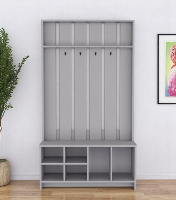 HomeRoots 68" Gray Wood Coat and Shoe Rack – Stylish Entryway Organizer with Four Hooks and Open Storage Cubbies 571409