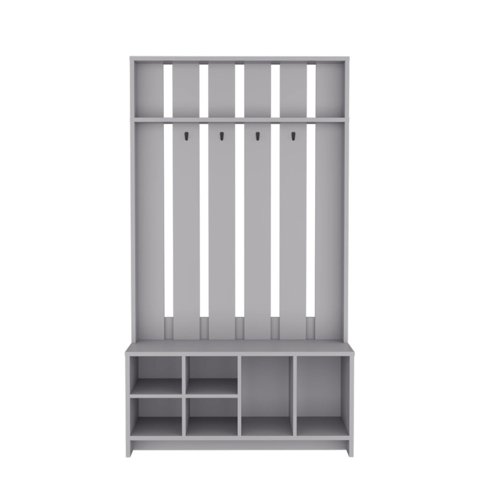 HomeRoots 68" Gray Wood Coat and Shoe Rack – Stylish Entryway Organizer with Four Hooks and Open Storage Cubbies 571409
