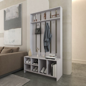 HomeRoots 68" Gray Wood Coat and Shoe Rack – Stylish Entryway Organizer with Four Hooks and Open Storage Cubbies 571409