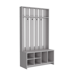 HomeRoots 68" Gray Wood Coat and Shoe Rack – Stylish Entryway Organizer with Four Hooks and Open Storage Cubbies 571409