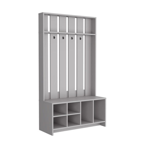 HomeRoots 68" Gray Wood Coat and Shoe Rack – Stylish Entryway Organizer with Four Hooks and Open Storage Cubbies 571409
