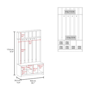 HomeRoots 68" Gray Wood Coat and Shoe Rack – Stylish Entryway Organizer with Four Hooks and Open Storage Cubbies 571409