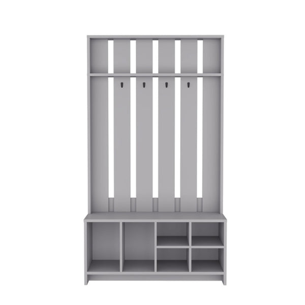 HomeRoots 68" Gray Wood Coat and Shoe Rack – Stylish Entryway Organizer with Four Hooks and Open Storage Cubbies 571409