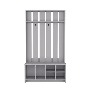 HomeRoots 68" Gray Wood Coat and Shoe Rack – Stylish Entryway Organizer with Four Hooks and Open Storage Cubbies 571409