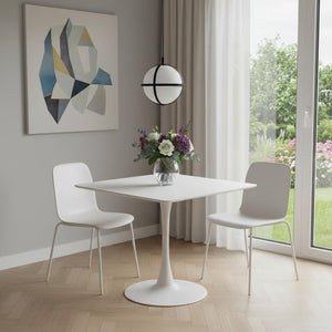 HomeRoots 36" White Wood and Steel Pedestal Base Square Dining Table - Modern, Space-Saving Design for 4 571411