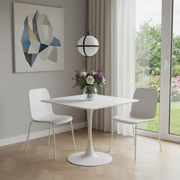 HomeRoots 36" White Wood and Steel Pedestal Base Square Dining Table - Modern, Space-Saving Design for 4 571411