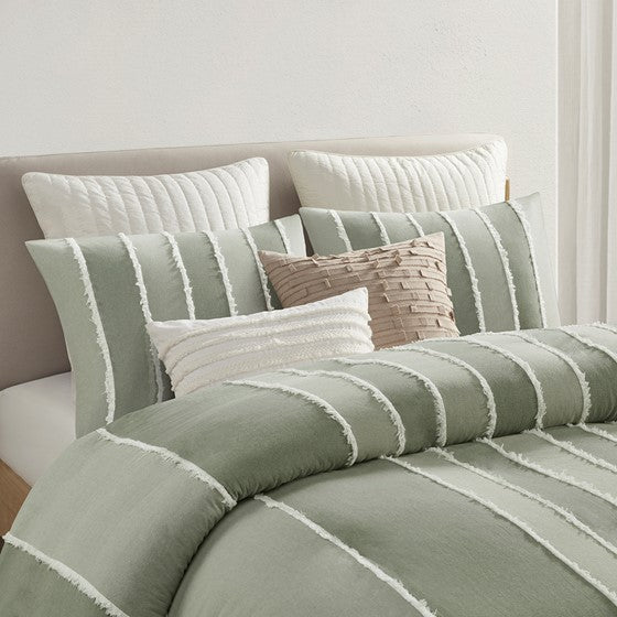 English Elm King/Cal King Boho Striped Cotton Duvet Cover Set with Green Jacquard Trim, OEKO-TEX, Machine Washable B035P217806