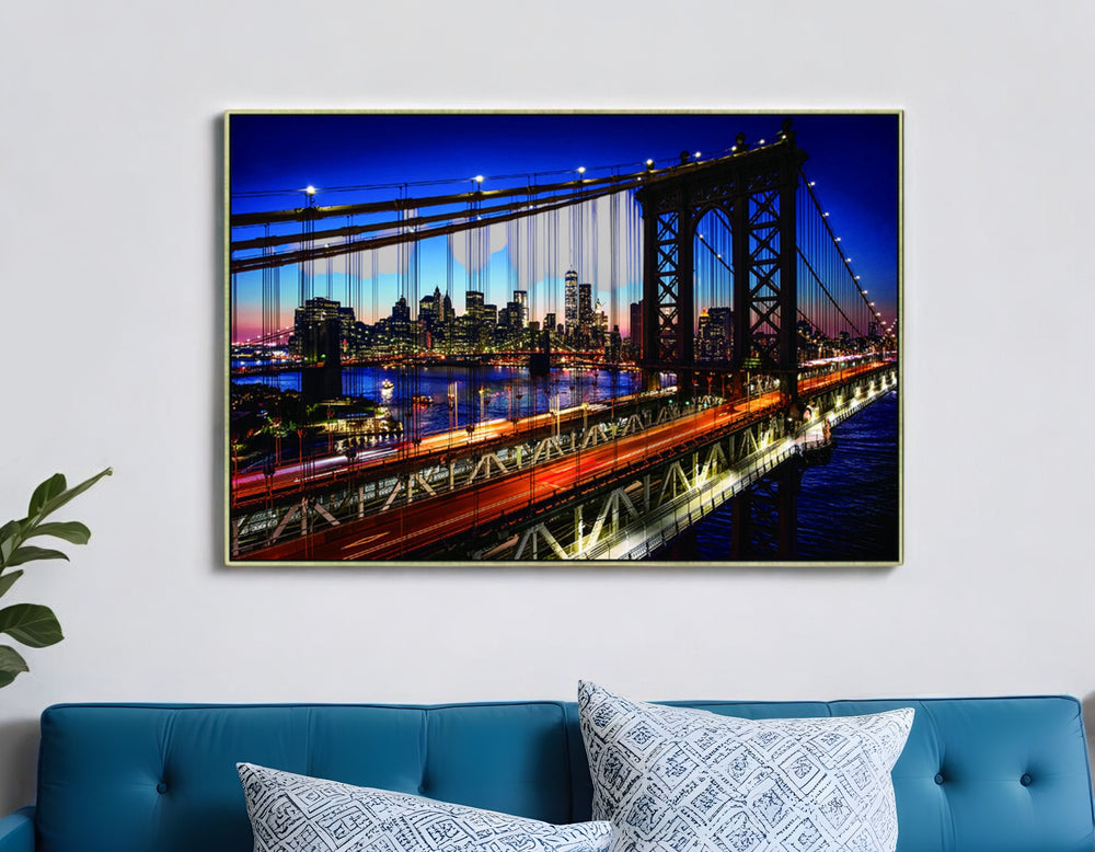 Homeroots Evening Manhattan Bridge Gold Framed Wall Art - Stunning Nyc Skyline Decor For Modern Spaces  Acrylic 571421