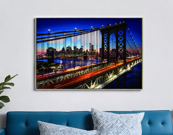 Homeroots Evening Manhattan Bridge Gold Framed Wall Art - Stunning Nyc Skyline Decor For Modern Spaces  Acrylic 571421