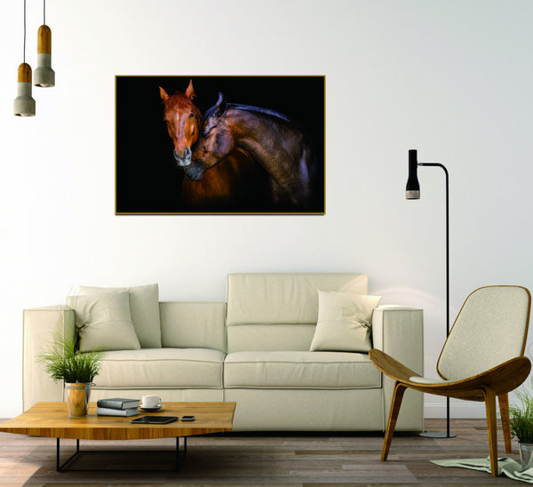 Homeroots Black Two Horses Caressing Gold Framed Wall Art - Stunning Equestrian Decor For Your Home  Acrylic 571429