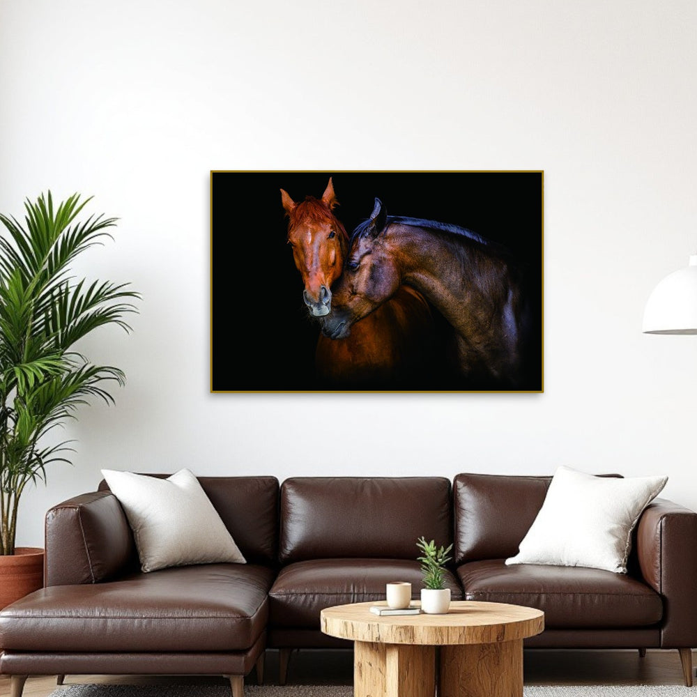 Homeroots Black Two Horses Caressing Gold Framed Wall Art - Stunning Equestrian Decor For Your Home  Acrylic 571429