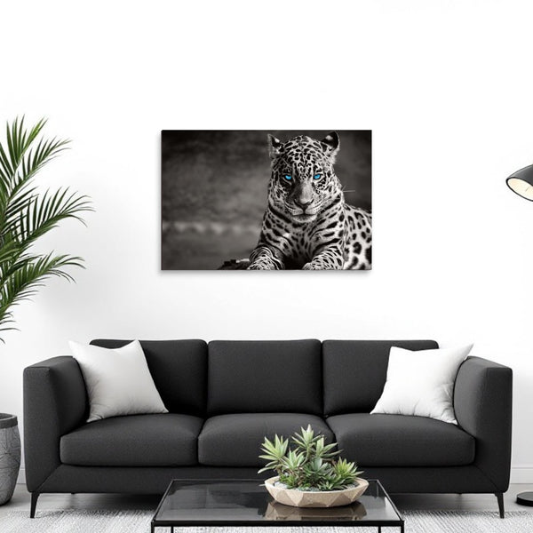 Homeroots Black Spotted Leopard Wall Art - Unframed Black & White Design With Blue Eyes For Trendy Decor  Acrylic 571442