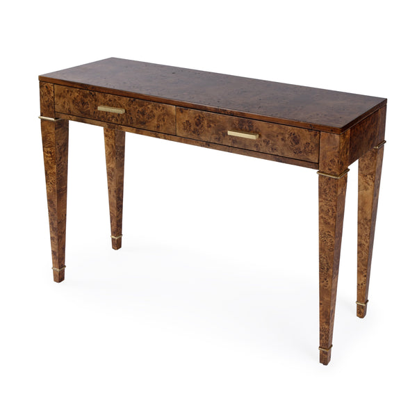 Butler Specialty Kai 2 Drawer Console Table - Mid-century Elegance With Gold Accents And Unique Burl Wood Finish Medium Brown Poplar Wood,Mappa Burl Veneer,Mdf 5714442-butler