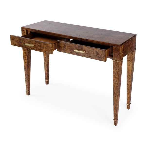 Butler Specialty Kai 2 Drawer Console Table - Mid-century Elegance With Gold Accents And Unique Burl Wood Finish Medium Brown Poplar Wood,Mappa Burl Veneer,Mdf 5714442-butler