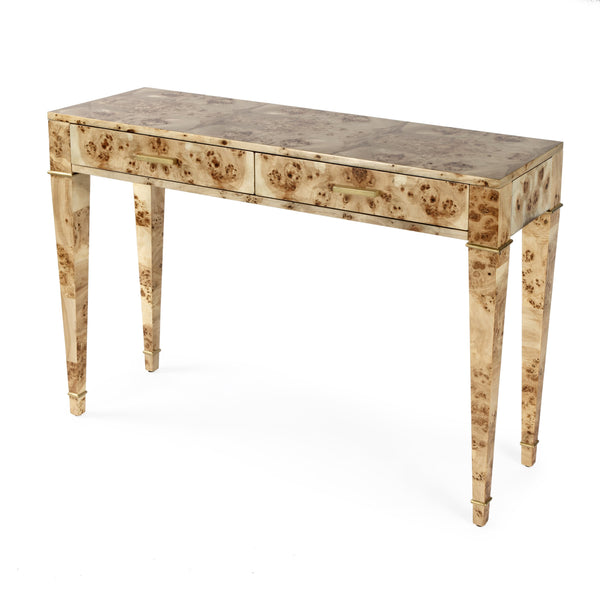 Butler Specialty Kai 2 Drawer Console Table - Mid-century Elegance With Gold Accents And Unique Burl Wood Finish Light Brown Poplar Wood,Mappa Burl Veneer,Mdf 5714443-butler