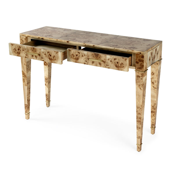 Butler Specialty Kai 2 Drawer Console Table - Mid-century Elegance With Gold Accents And Unique Burl Wood Finish Light Brown Poplar Wood,Mappa Burl Veneer,Mdf 5714443-butler