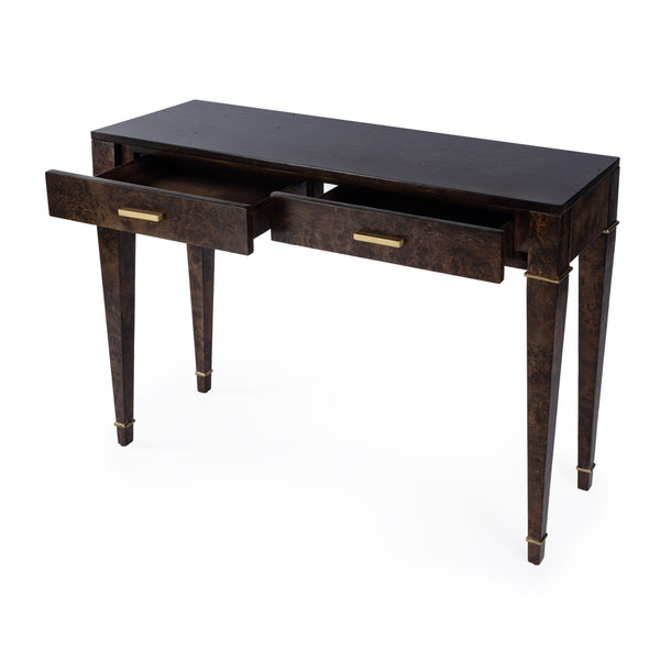 Butler Specialty Kai 2 Drawer Console Table - Mid-century Elegance With Gold Accents And Unique Burl Wood Finish Dark Brown Poplar Wood,Mappa Burl Veneer,Mdf 5714446-butler