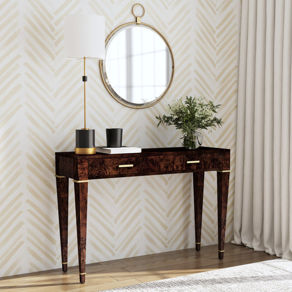 Butler Specialty Kai 2 Drawer Console Table - Mid-century Elegance With Gold Accents And Unique Burl Wood Finish Dark Brown Poplar Wood,Mappa Burl Veneer,Mdf 5714446-butler