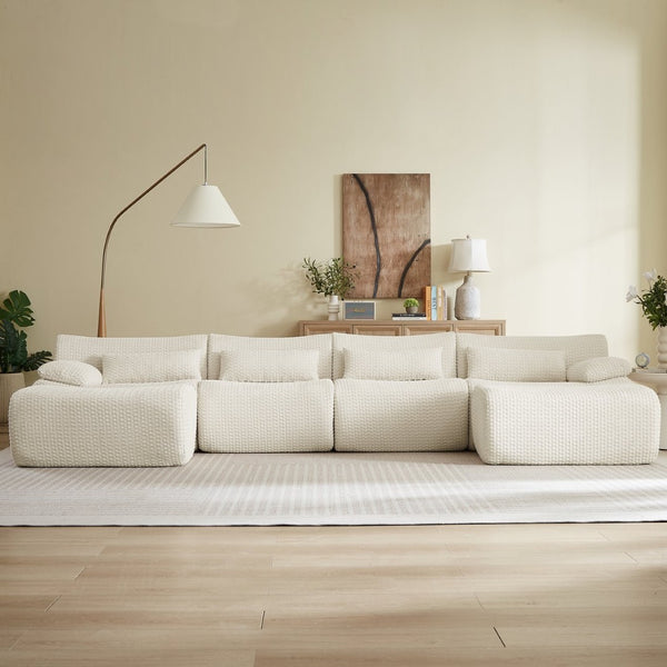 English Elm Sectional U-shaped Corduroy Sofa with Ottoman Convertible Layout for Any Living Room Cream W2339S00155