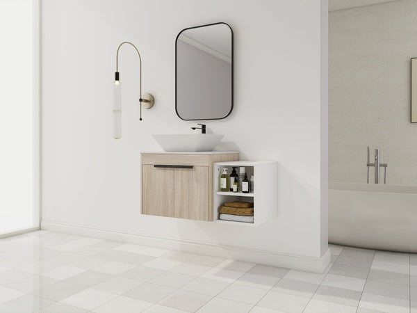 English Elm 36" Modern Floating Bathroom Vanity With Ceramic Sink, White Stone Slab, Soft-Close Doors & Storage W999S00287