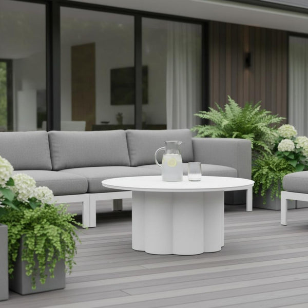 HomeRoots 34" White Rounded Aluminum Outdoor Coffee Table - Modern, Weather-Resistant Design for Patio & Indoors 571481