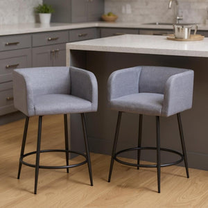 HomeRoots Set of Two Contemporary Gray & Black Fabric Bar Chairs with Steel Base for Modern Dining Spaces 571486