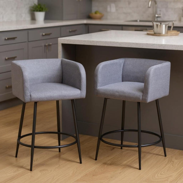 HomeRoots Set of Two Contemporary Gray & Black Fabric Bar Chairs with Steel Base for Modern Dining Spaces 571486