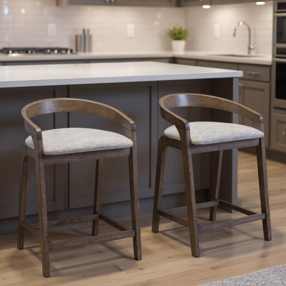 HomeRoots Set of Two Modern Gray and Espresso Bar Chairs with Low Back, Armrests, and Footrest for Comfort 571489