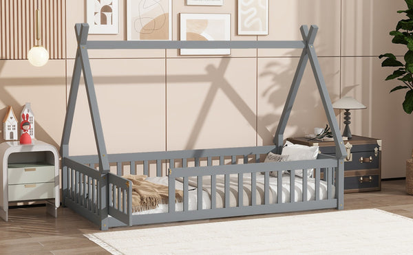 English Elm Twin Teepee Floor Bed With Guardrails And Slats - Cozy, Durable Design For Imaginative Kids' Rooms W504P345780-GIGA