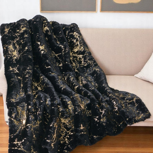 Homeroots 60" Black And Gold Abstract Faux Fur Plush Throw Blanket - Luxuriously Soft Cozy Accent For Home Decor  Faux Fur 571531