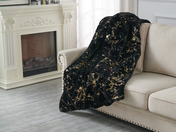 Homeroots 60" Black And Gold Abstract Faux Fur Plush Throw Blanket - Luxuriously Soft Cozy Accent For Home Decor  Faux Fur 571531